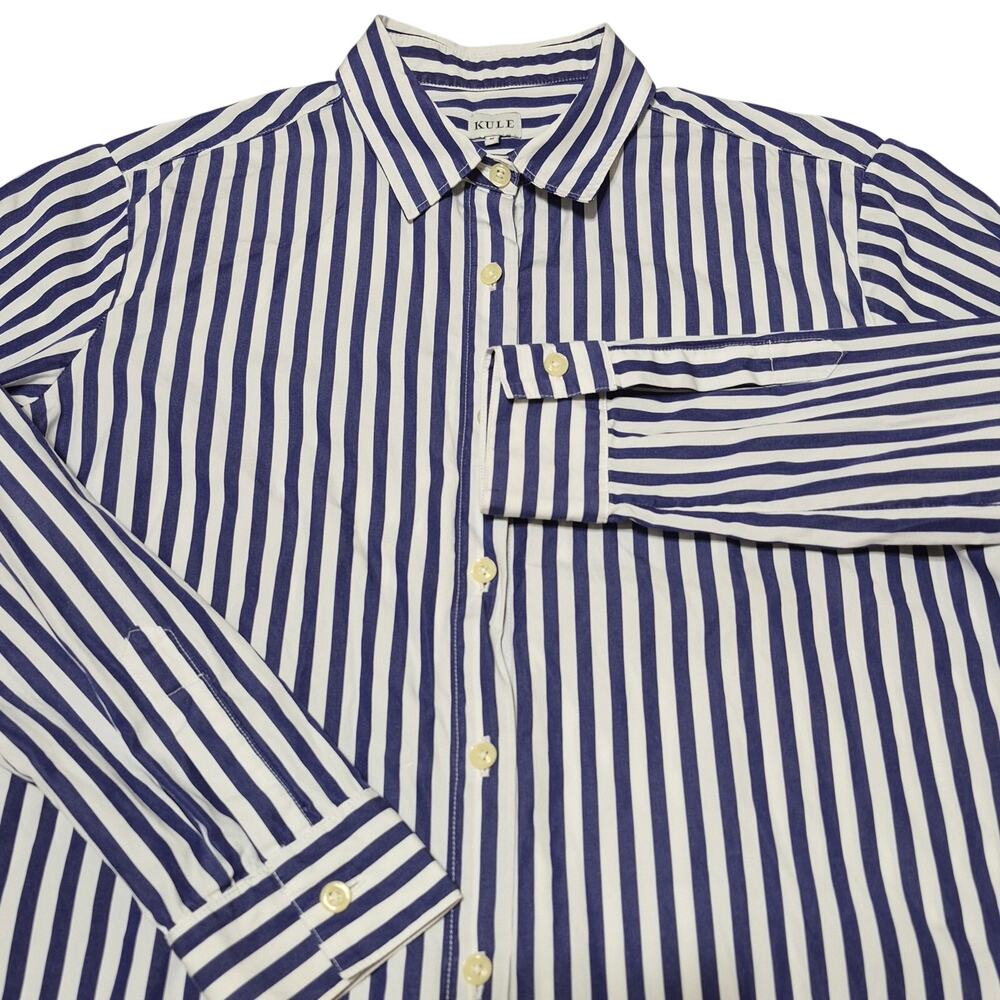 Kule Italian Cotton Button Up Shirt Medium Blue White Striped Classic Coastal